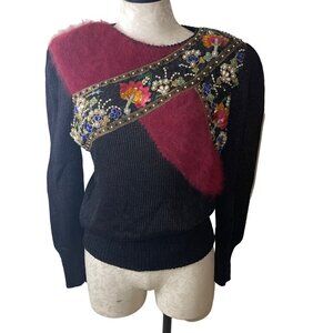 Elizabeth New York Vintage 1980s Womens Sweater Size M Black Knit Beaded